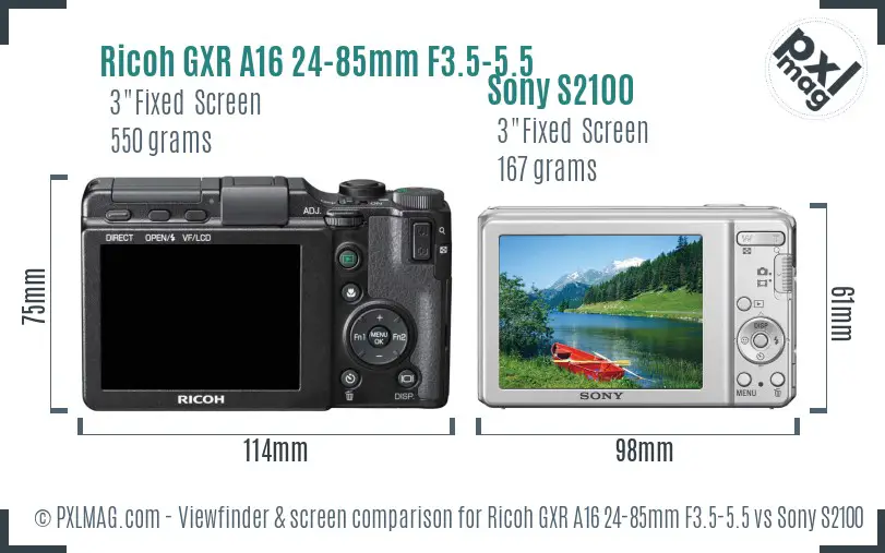 Ricoh GXR A16 24-85mm F3.5-5.5 vs Sony S2100 Screen and Viewfinder comparison