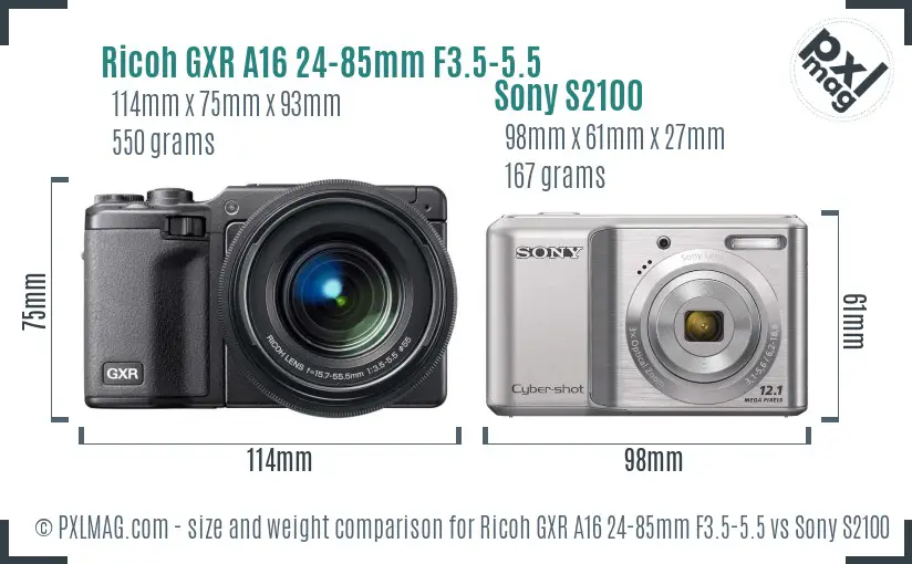 Ricoh GXR A16 24-85mm F3.5-5.5 vs Sony S2100 size comparison