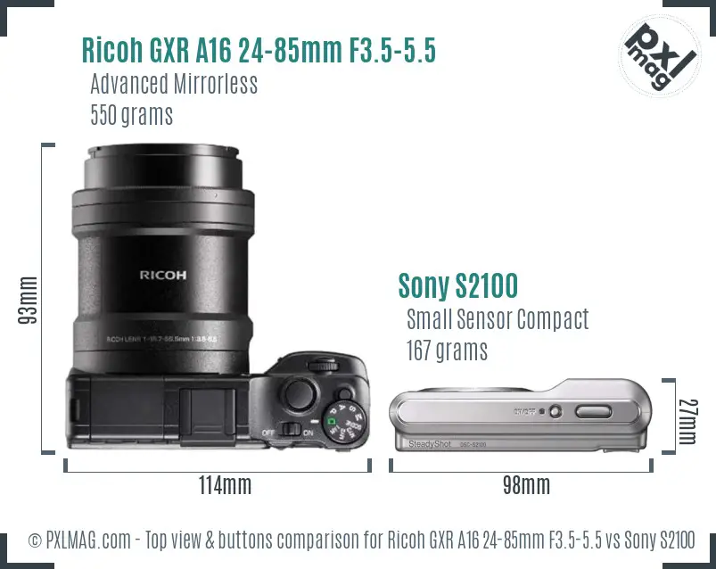 Ricoh GXR A16 24-85mm F3.5-5.5 vs Sony S2100 top view buttons comparison