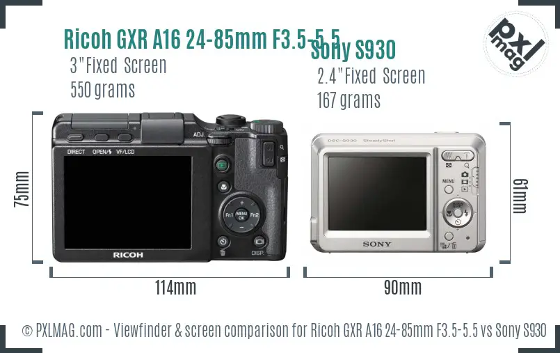 Ricoh GXR A16 24-85mm F3.5-5.5 vs Sony S930 Screen and Viewfinder comparison