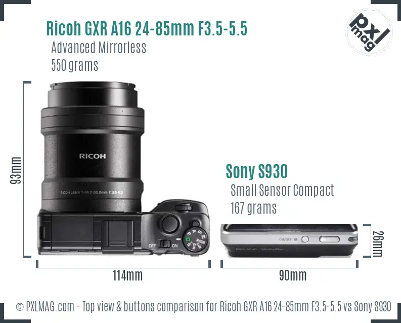 Ricoh GXR A16 24-85mm F3.5-5.5 vs Sony S930 top view buttons comparison