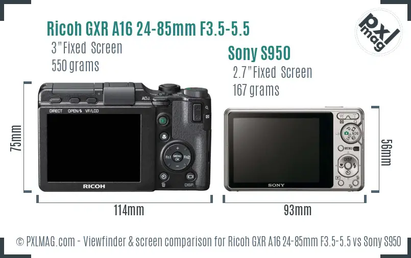 Ricoh GXR A16 24-85mm F3.5-5.5 vs Sony S950 Screen and Viewfinder comparison