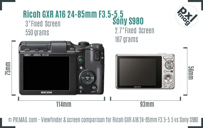 Ricoh GXR A16 24-85mm F3.5-5.5 vs Sony S980 Screen and Viewfinder comparison