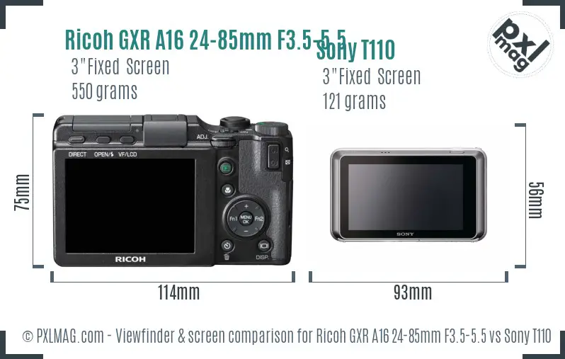 Ricoh GXR A16 24-85mm F3.5-5.5 vs Sony T110 Screen and Viewfinder comparison