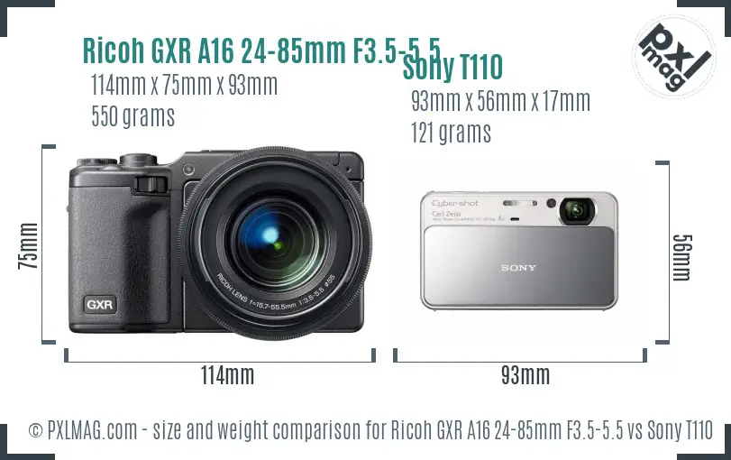 Ricoh GXR A16 24-85mm F3.5-5.5 vs Sony T110 size comparison