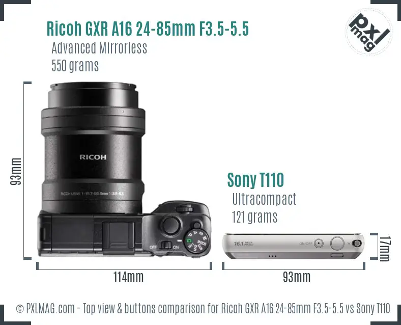Ricoh GXR A16 24-85mm F3.5-5.5 vs Sony T110 top view buttons comparison