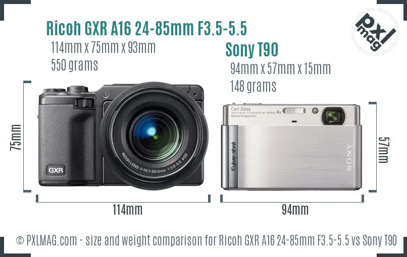 Ricoh GXR A16 24-85mm F3.5-5.5 vs Sony T90 size comparison