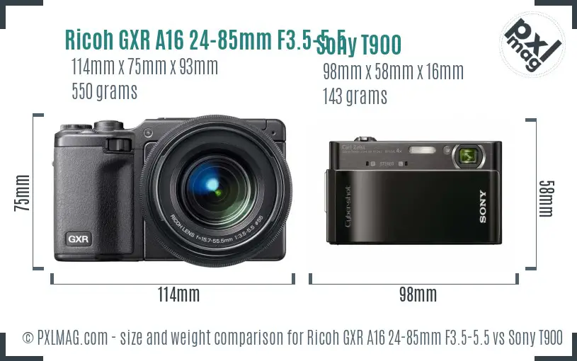 Ricoh GXR A16 24-85mm F3.5-5.5 vs Sony T900 size comparison