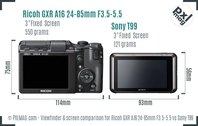 Ricoh GXR A16 24-85mm F3.5-5.5 vs Sony T99 Screen and Viewfinder comparison