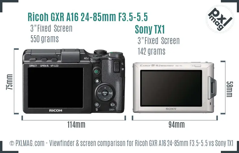 Ricoh GXR A16 24-85mm F3.5-5.5 vs Sony TX1 Screen and Viewfinder comparison