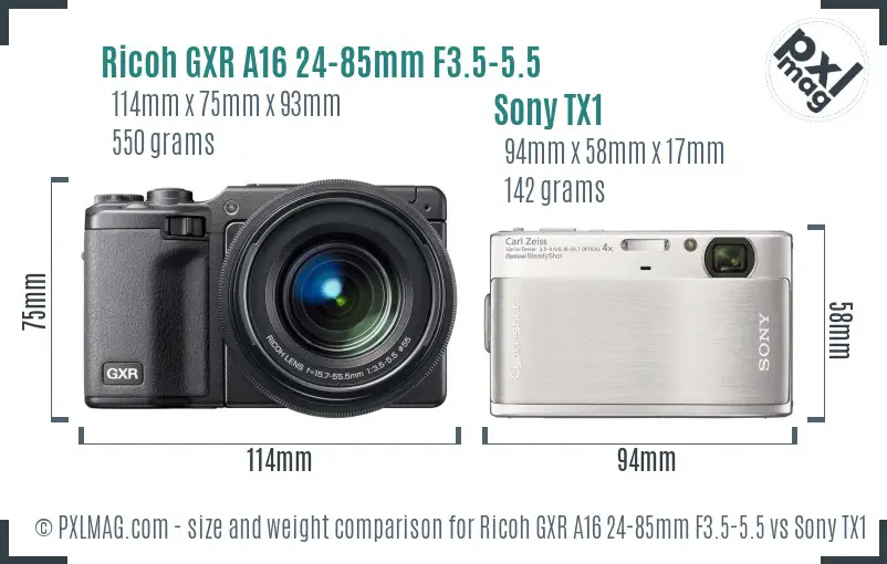 Ricoh GXR A16 24-85mm F3.5-5.5 vs Sony TX1 size comparison