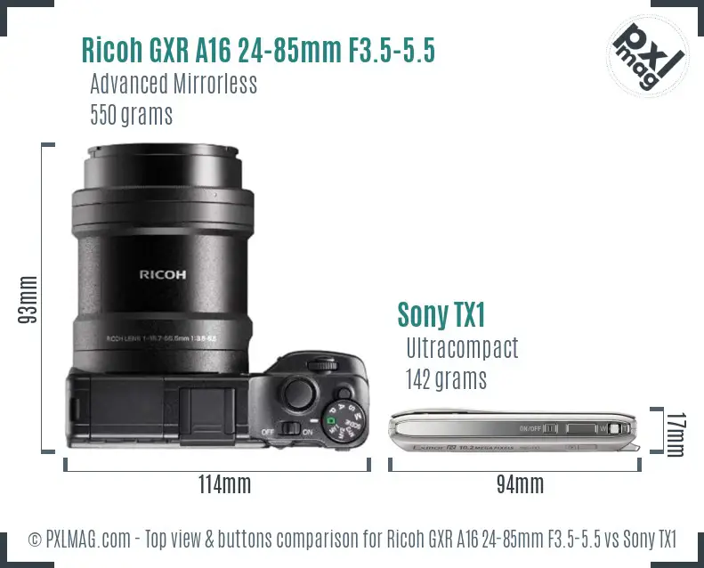 Ricoh GXR A16 24-85mm F3.5-5.5 vs Sony TX1 top view buttons comparison