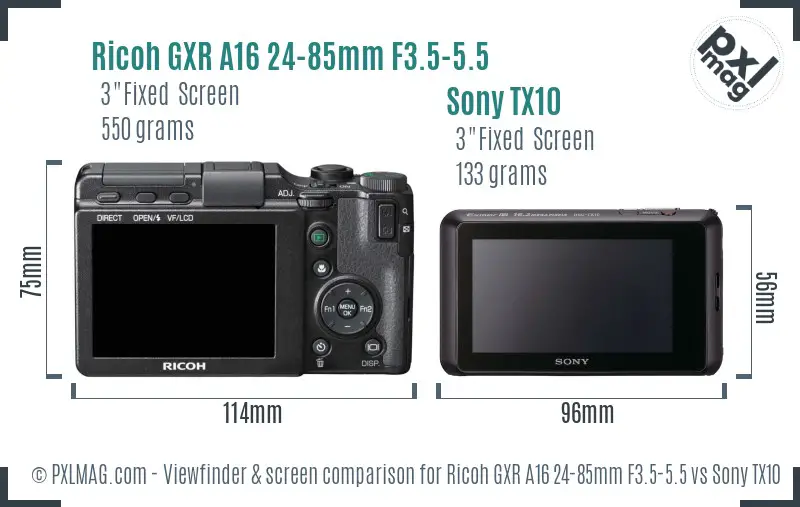 Ricoh GXR A16 24-85mm F3.5-5.5 vs Sony TX10 Screen and Viewfinder comparison