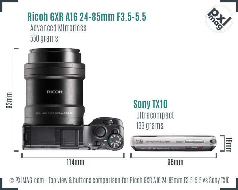 Ricoh GXR A16 24-85mm F3.5-5.5 vs Sony TX10 top view buttons comparison