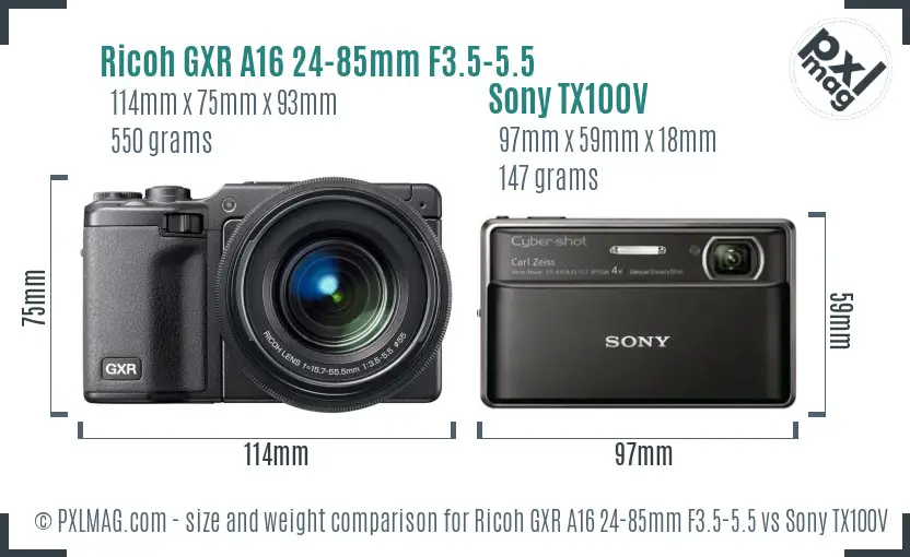 Ricoh GXR A16 24-85mm F3.5-5.5 vs Sony TX100V size comparison