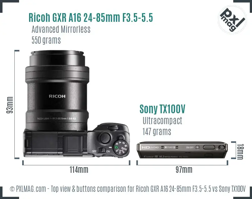 Ricoh GXR A16 24-85mm F3.5-5.5 vs Sony TX100V top view buttons comparison