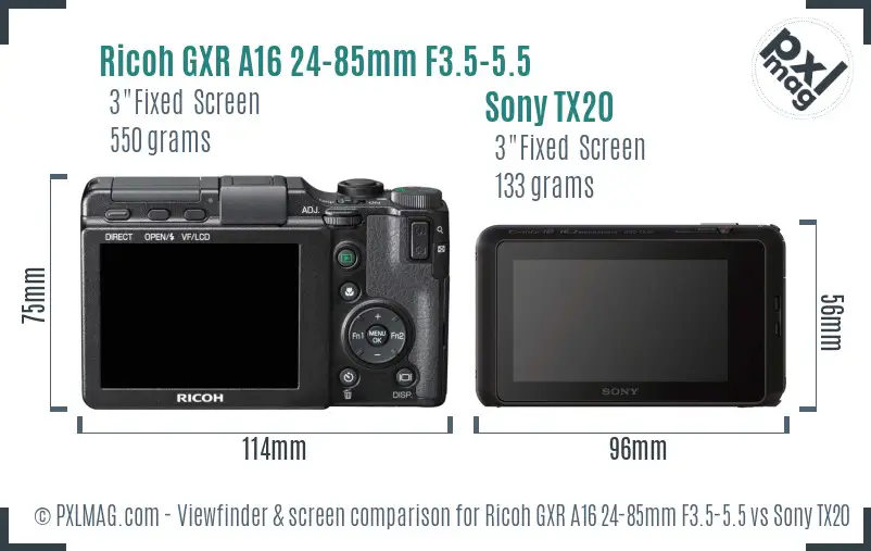 Ricoh GXR A16 24-85mm F3.5-5.5 vs Sony TX20 Screen and Viewfinder comparison