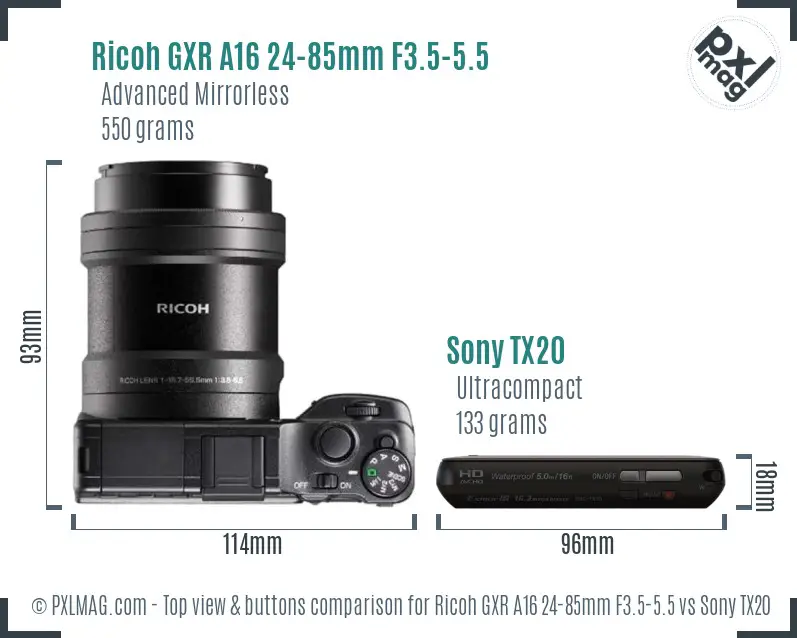 Ricoh GXR A16 24-85mm F3.5-5.5 vs Sony TX20 top view buttons comparison