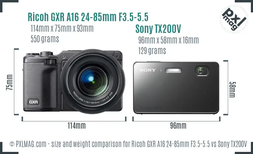 Ricoh GXR A16 24-85mm F3.5-5.5 vs Sony TX200V size comparison