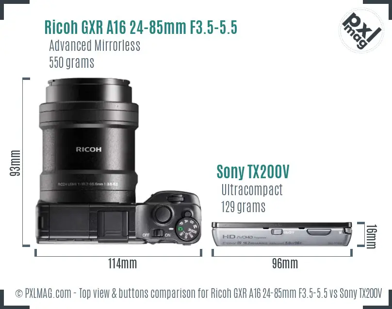 Ricoh GXR A16 24-85mm F3.5-5.5 vs Sony TX200V top view buttons comparison