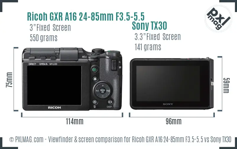 Ricoh GXR A16 24-85mm F3.5-5.5 vs Sony TX30 Screen and Viewfinder comparison