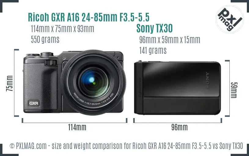 Ricoh GXR A16 24-85mm F3.5-5.5 vs Sony TX30 size comparison