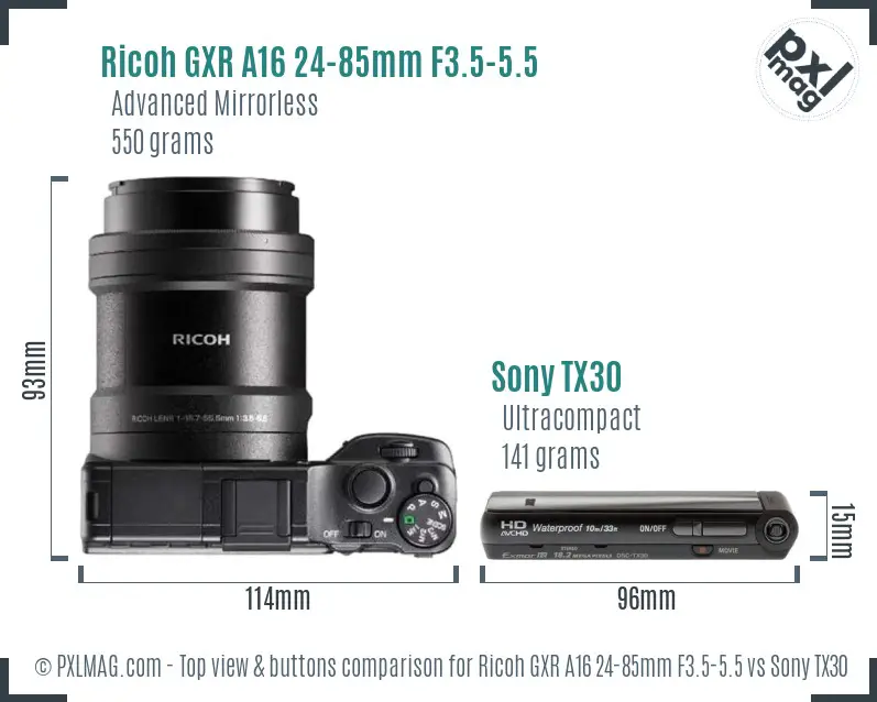 Ricoh GXR A16 24-85mm F3.5-5.5 vs Sony TX30 top view buttons comparison