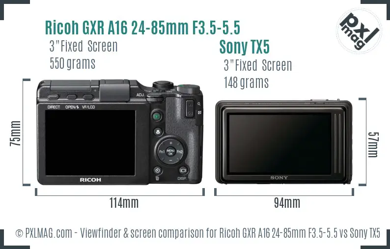 Ricoh GXR A16 24-85mm F3.5-5.5 vs Sony TX5 Screen and Viewfinder comparison