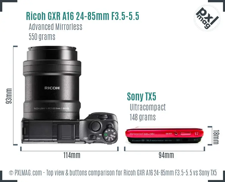 Ricoh GXR A16 24-85mm F3.5-5.5 vs Sony TX5 top view buttons comparison