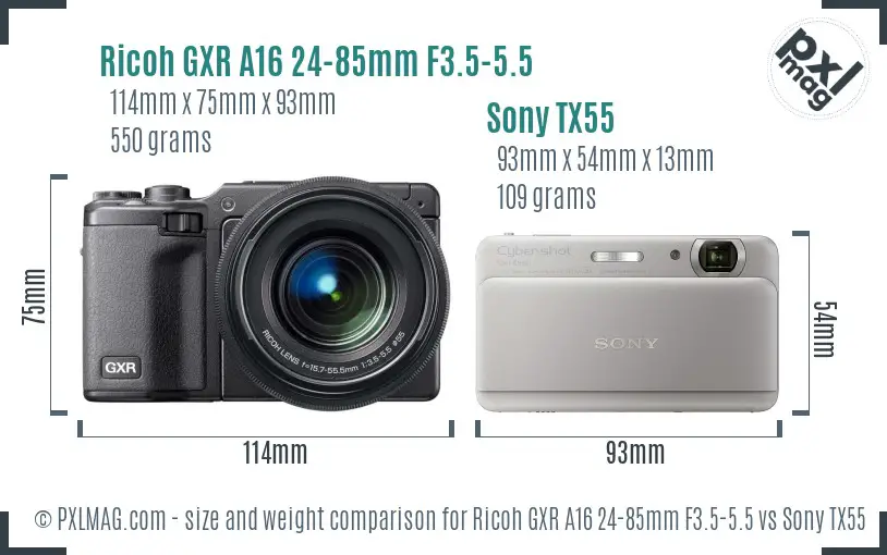 Ricoh GXR A16 24-85mm F3.5-5.5 vs Sony TX55 size comparison