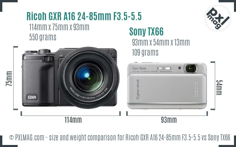 Ricoh GXR A16 24-85mm F3.5-5.5 vs Sony TX66 size comparison