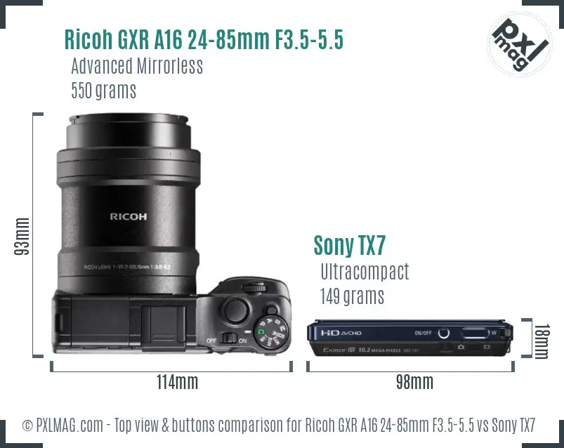 Ricoh GXR A16 24-85mm F3.5-5.5 vs Sony TX7 top view buttons comparison