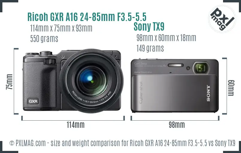 Ricoh GXR A16 24-85mm F3.5-5.5 vs Sony TX9 size comparison