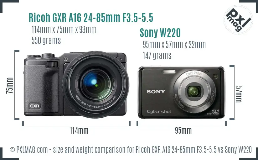 Ricoh GXR A16 24-85mm F3.5-5.5 vs Sony W220 size comparison