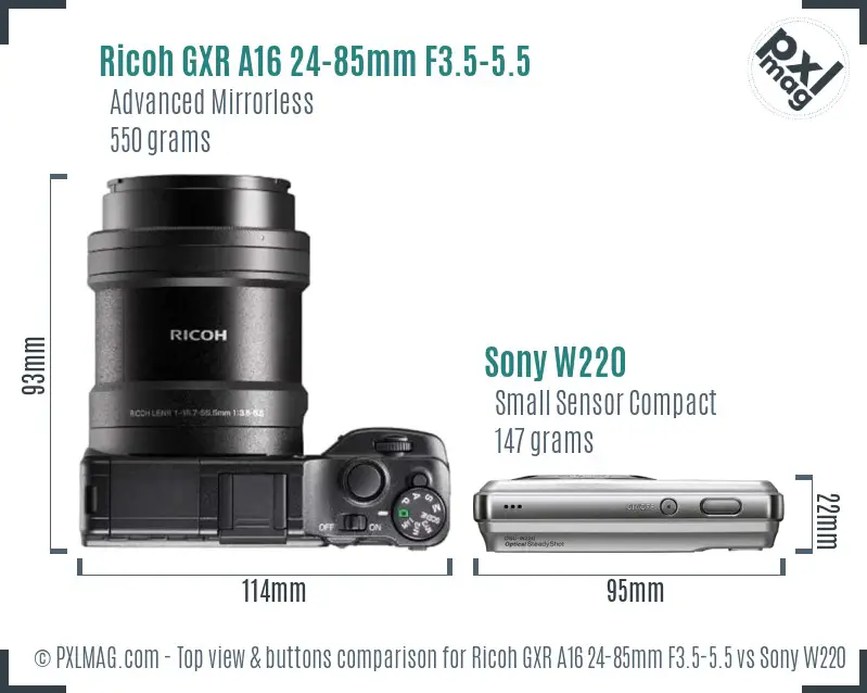 Ricoh GXR A16 24-85mm F3.5-5.5 vs Sony W220 top view buttons comparison