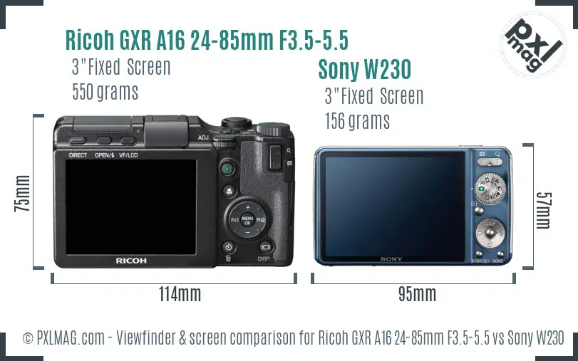 Ricoh GXR A16 24-85mm F3.5-5.5 vs Sony W230 Screen and Viewfinder comparison