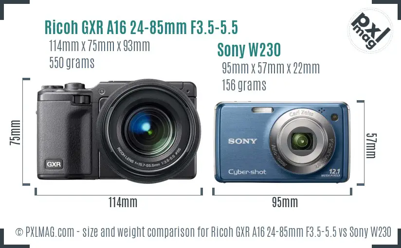 Ricoh GXR A16 24-85mm F3.5-5.5 vs Sony W230 size comparison