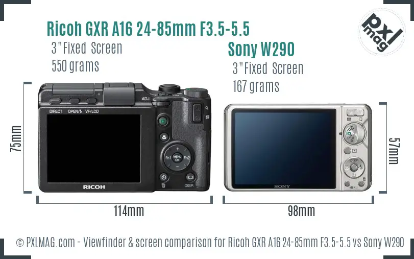 Ricoh GXR A16 24-85mm F3.5-5.5 vs Sony W290 Screen and Viewfinder comparison