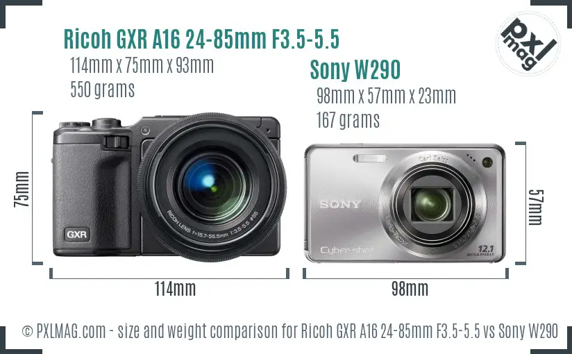 Ricoh GXR A16 24-85mm F3.5-5.5 vs Sony W290 size comparison