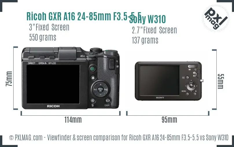 Ricoh GXR A16 24-85mm F3.5-5.5 vs Sony W310 Screen and Viewfinder comparison