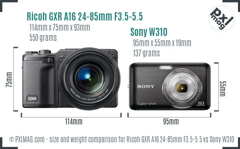 Ricoh GXR A16 24-85mm F3.5-5.5 vs Sony W310 size comparison