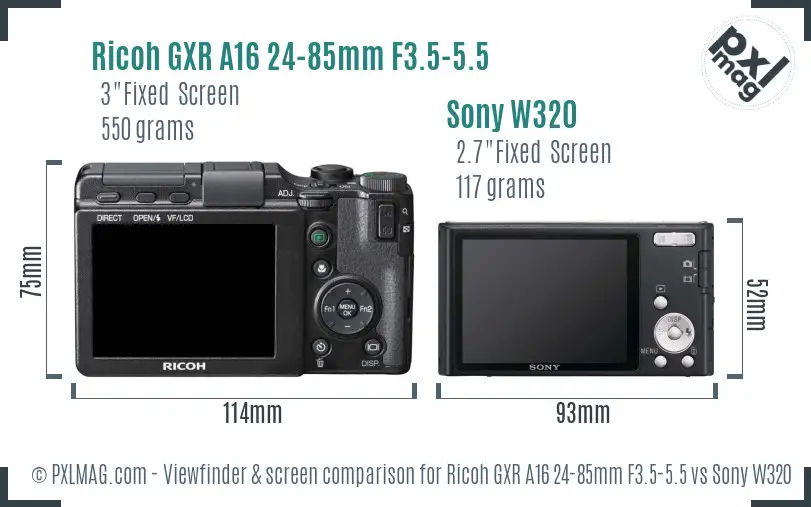 Ricoh GXR A16 24-85mm F3.5-5.5 vs Sony W320 Screen and Viewfinder comparison