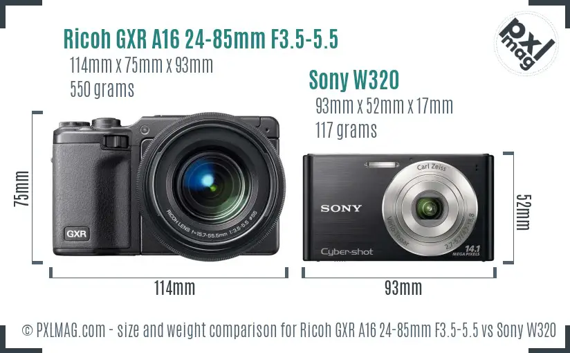 Ricoh GXR A16 24-85mm F3.5-5.5 vs Sony W320 size comparison