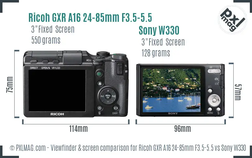 Ricoh GXR A16 24-85mm F3.5-5.5 vs Sony W330 Screen and Viewfinder comparison