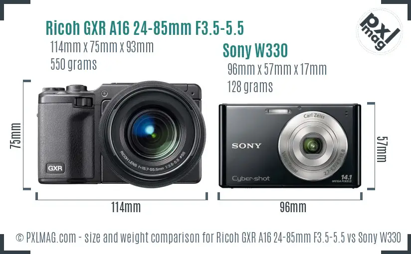 Ricoh GXR A16 24-85mm F3.5-5.5 vs Sony W330 size comparison