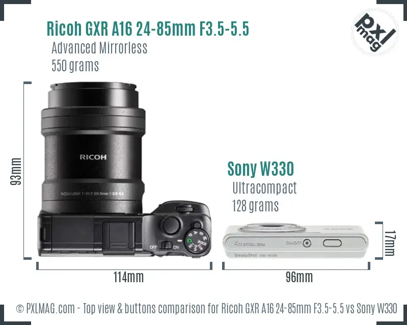Ricoh GXR A16 24-85mm F3.5-5.5 vs Sony W330 top view buttons comparison