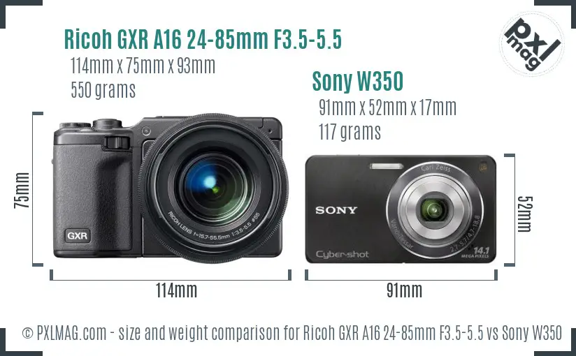 Ricoh GXR A16 24-85mm F3.5-5.5 vs Sony W350 size comparison