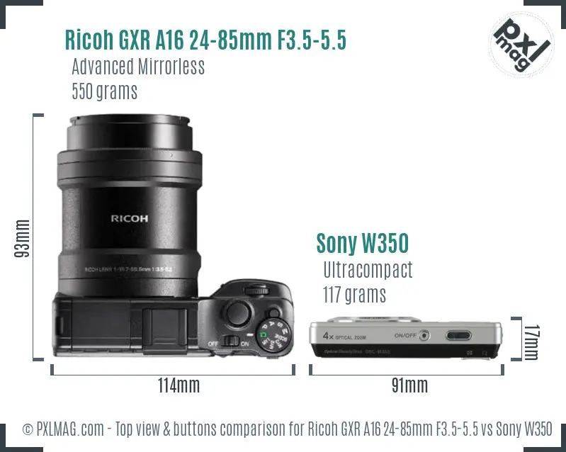 Ricoh GXR A16 24-85mm F3.5-5.5 vs Sony W350 top view buttons comparison