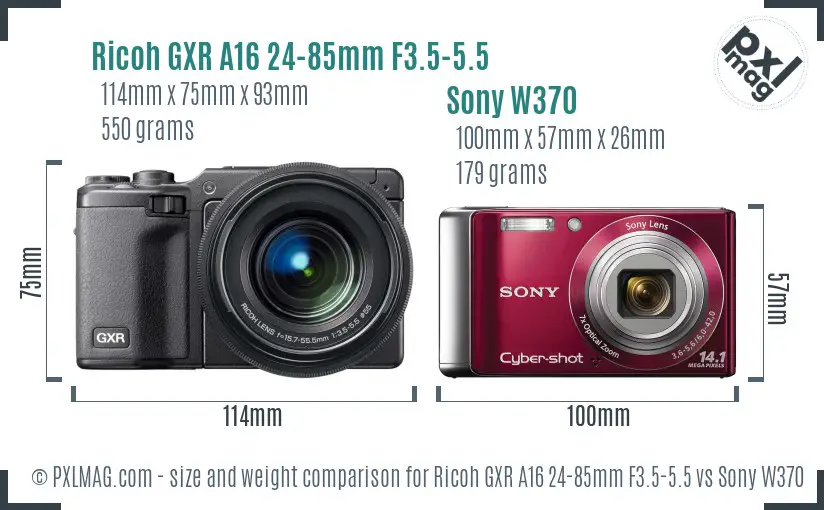 Ricoh GXR A16 24-85mm F3.5-5.5 vs Sony W370 size comparison