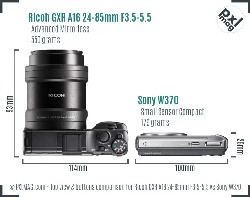 Ricoh GXR A16 24-85mm F3.5-5.5 vs Sony W370 top view buttons comparison